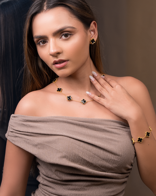 Luxurious 18k Gold Plating Four-Leaf Clover Jewelry Set - Necklace, Bracelet & Earrings (Combo Deal)