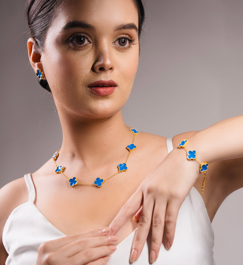 Luxurious 18k Gold Plating Four-Leaf Clover Jewelry Set - Necklace, Bracelet & Earrings (Combo Deal)