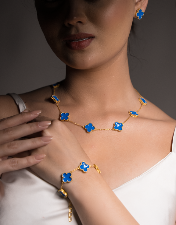 Luxurious 18k Gold Plating Four-Leaf Clover Jewelry Set - Necklace, Bracelet & Earrings (Combo Deal)